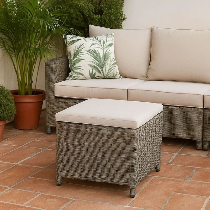 Foca 18 Inch Outdoor Square Ottoman, Set of 2, Gray Fabric, Faux Wicker