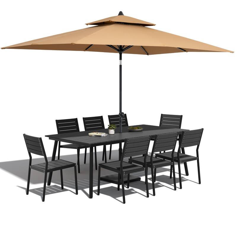 11-Piece Patio Dining Set Aluminum Table and 8 Stackable Chairs w/10 ft Umbrella and Base Stand