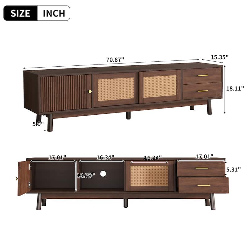 Mid Century Modern TV Stand Entertainment Center for up to 80" TVs, Rattan Sliding Doors TV Cabinet with Drawers for Living Room