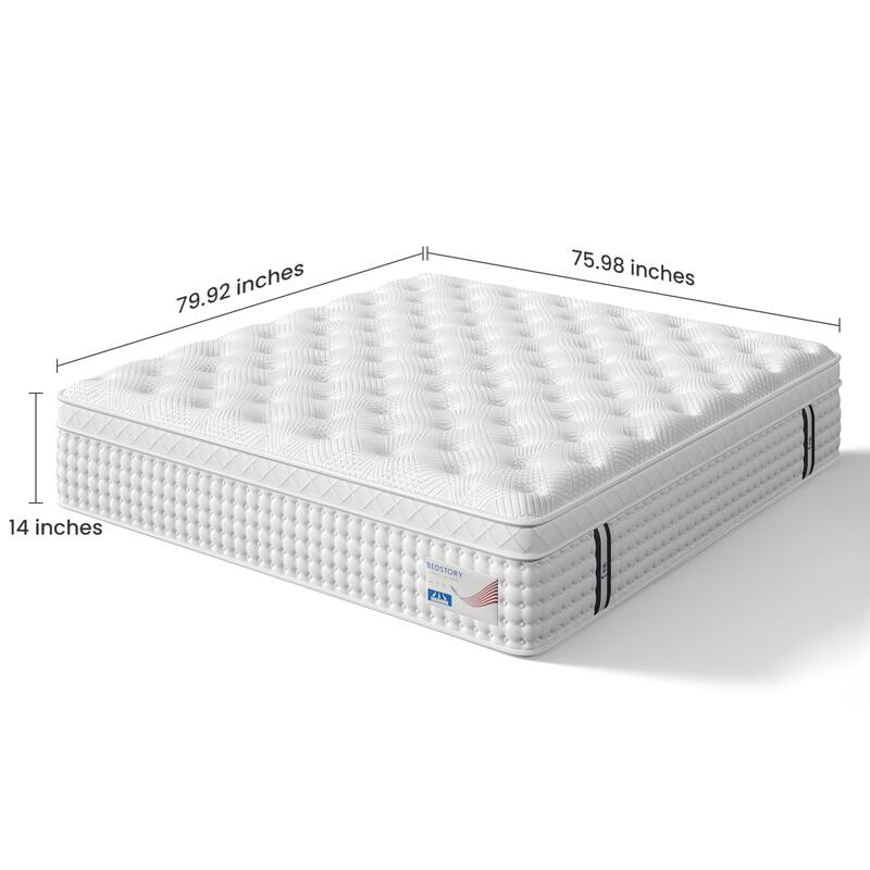 Roomfitters 14 Inch King Hybrid Mattress, Euro Top Memory Foam and Pocket Spring Bed for Lumbar Support, Medium Firm, White