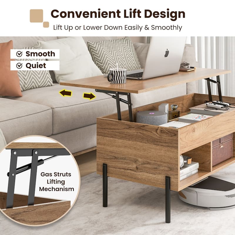 Living Room Lift Top Coffee Table w/ Storage & 3 Open Cubbies