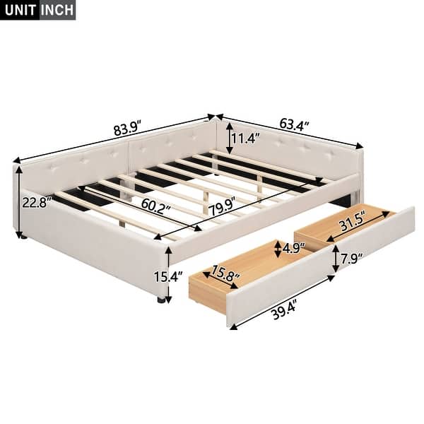 Linen Queen Size Upholstered Platform Bed with USB and 2 Drawers