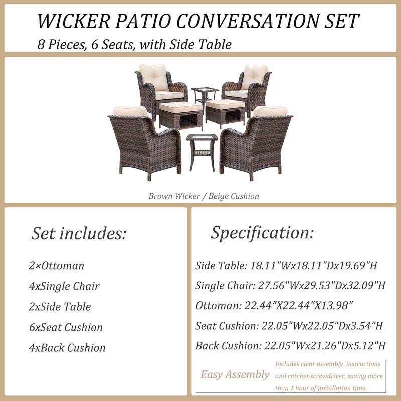 8 Piece Outdoor Wicker Patio Furniture Conversation Chair and Ottoman Set