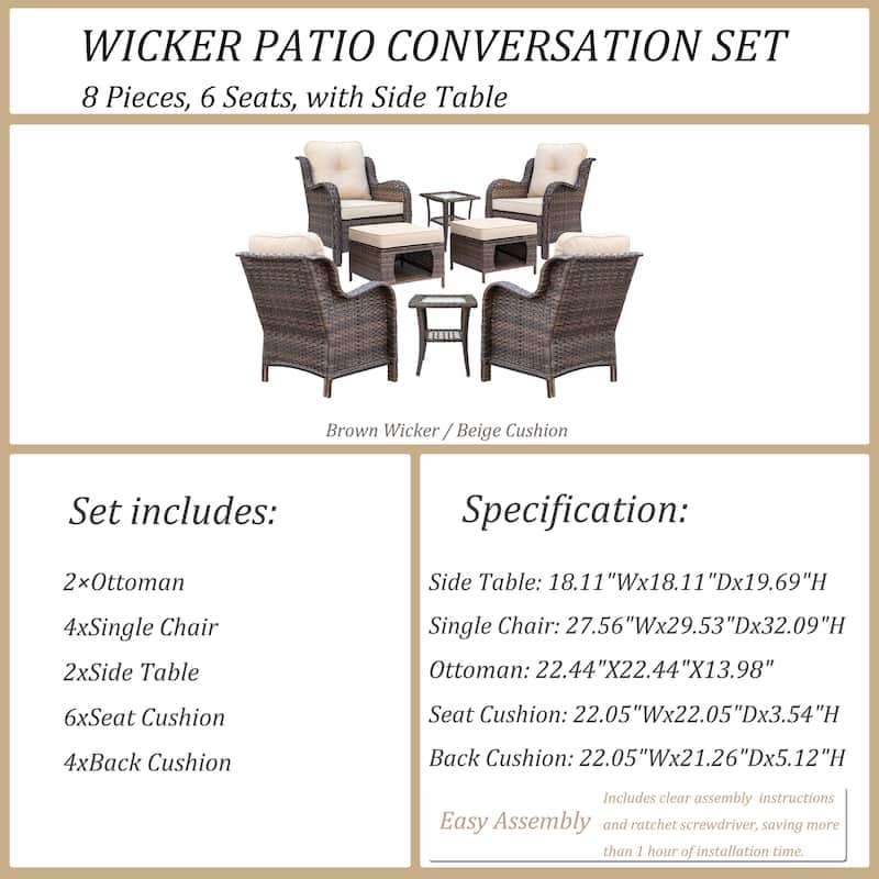 Outdoor Brown Wicker Patio Furniture Seating Sets with Beige Cushions
