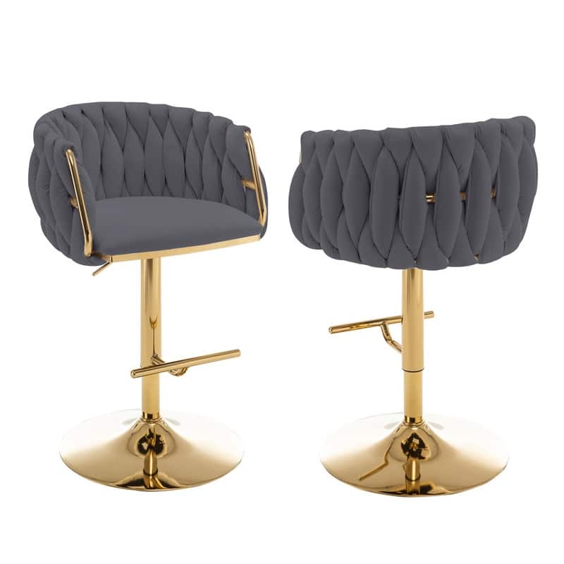 Best Quality Furniture Adjustable Velvet Upholstered Barstool w/ Chrome Finish Base (Set of 2) - Dark Grey / Gold