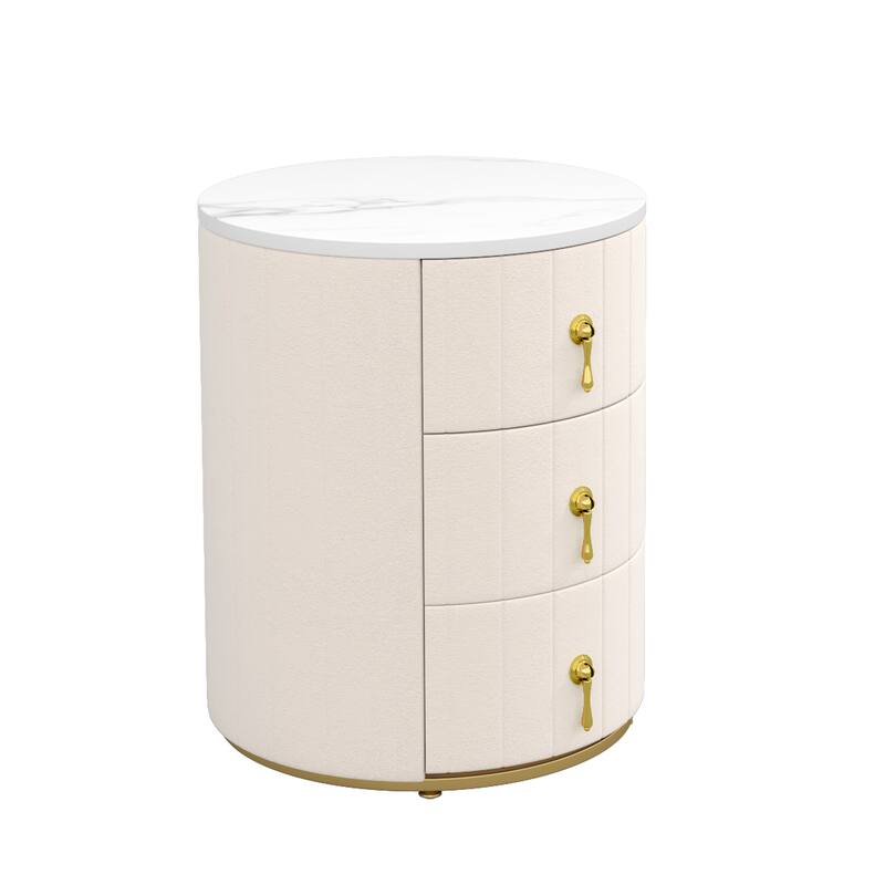 Upholstered 3-Drawer Nightstand - Round Marbling Top Bedside Table (Fully Assembled Except Handles, Beige)