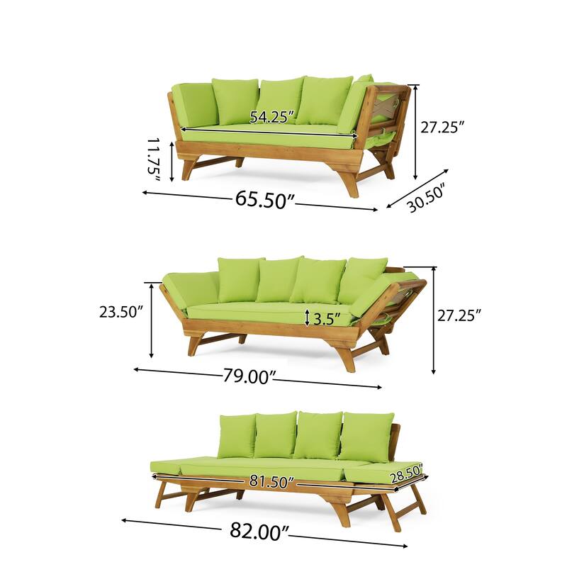 Flex Outdoor Daybed, 65 Inch Teak Brown Acacia Wood, Green Cushions