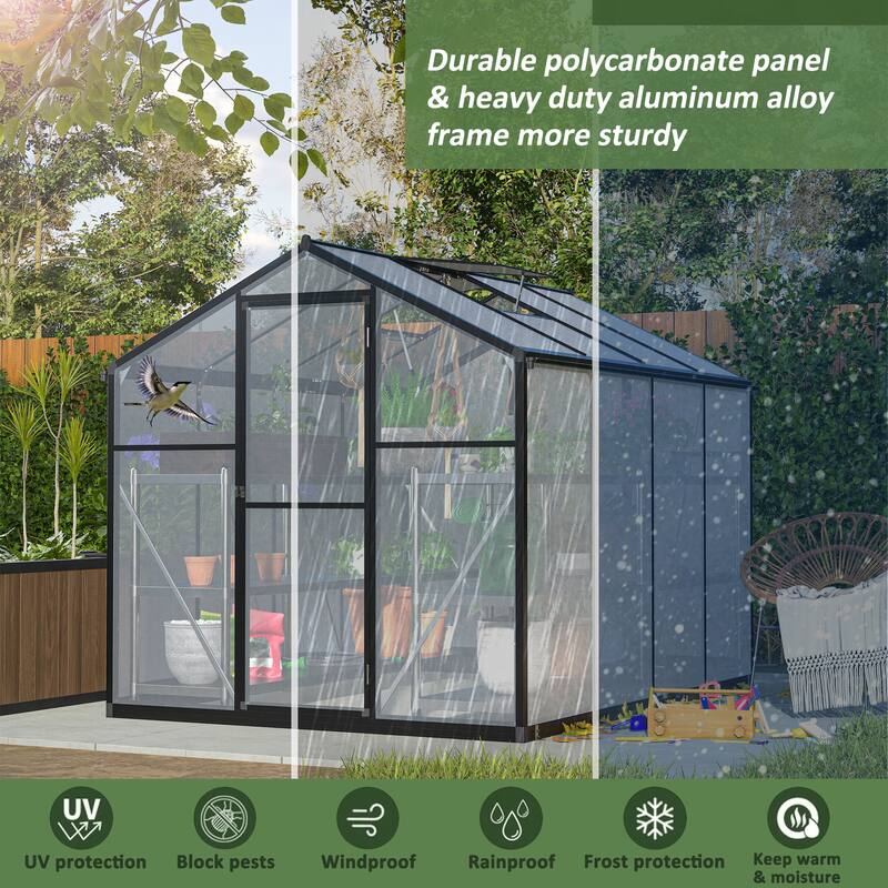 6x8 FT Greenhouse, Polycarbonate Greenhouse with Quick Setup Structure and Roof Vent, Aluminum Large Walk-in Greenhouse
