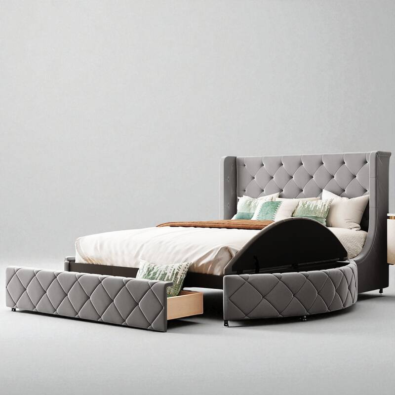 Queen Upholstered Platform Bed with Wingback Headboard, Velvet Fabric, Storage Drawer & 2 Side Storage Stools