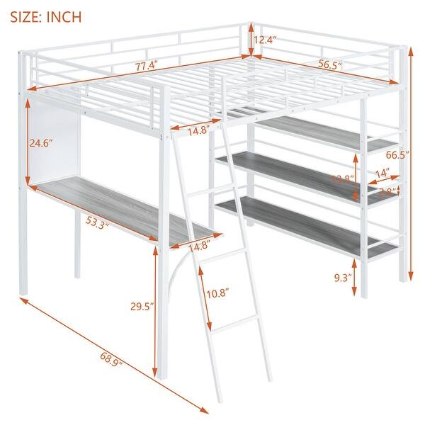 dimension image slide 1 of 2, Full Size Metal Loft Bed with 3 Layers of Shelves, Desk and Whiteboard