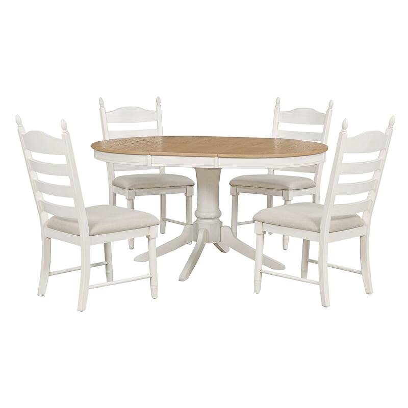 Off White Retro 5-Piece Wooden Dining Table Set with Extendable Round Table & 4 Chairs