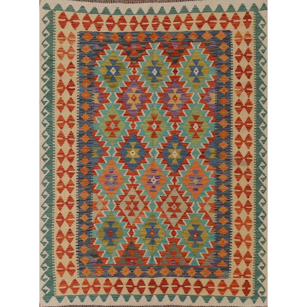 Hand Woven Oriental 100% Wool Carpet Southwestern Geometric Multi-Colored Kilim Area Rug - 6' 4'' X 5' 3''