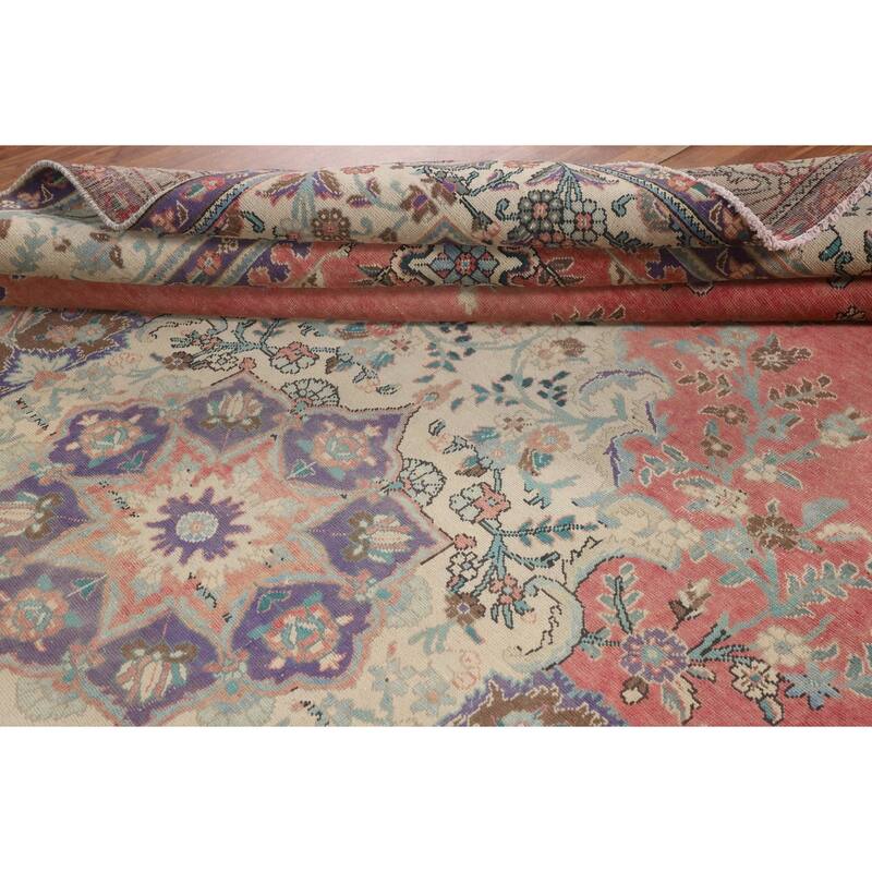 Distressed Tabriz Vintage Area Rug Handmade Wool Carpet - 9'8" x 12'8"