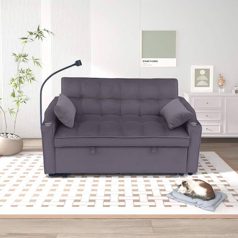 Dark Gray Velvet Convertible Loveseat Sofa Bed with Adjustable Back