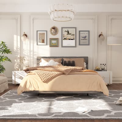 Black Upholstered Bed with LED Lights and Charging Station