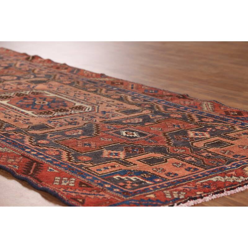 Hand Knotted Oriental 100% Wool Carpet Traditional Geometric Navy Blue & Blues Hamedan Runner Rug - 8' 9'' X 3' 8''
