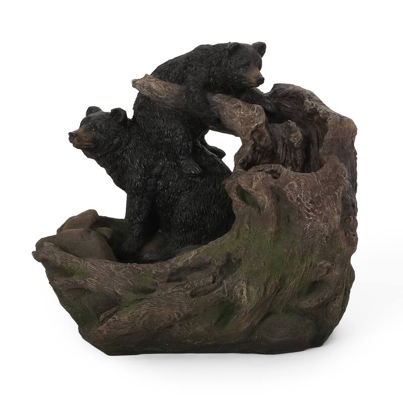 Roomfitters Datona 22" Bears on a Log Outdoor Tiered Water Fountain with LED Lights, Weather-Resistant Faux Stone, Brown + Black