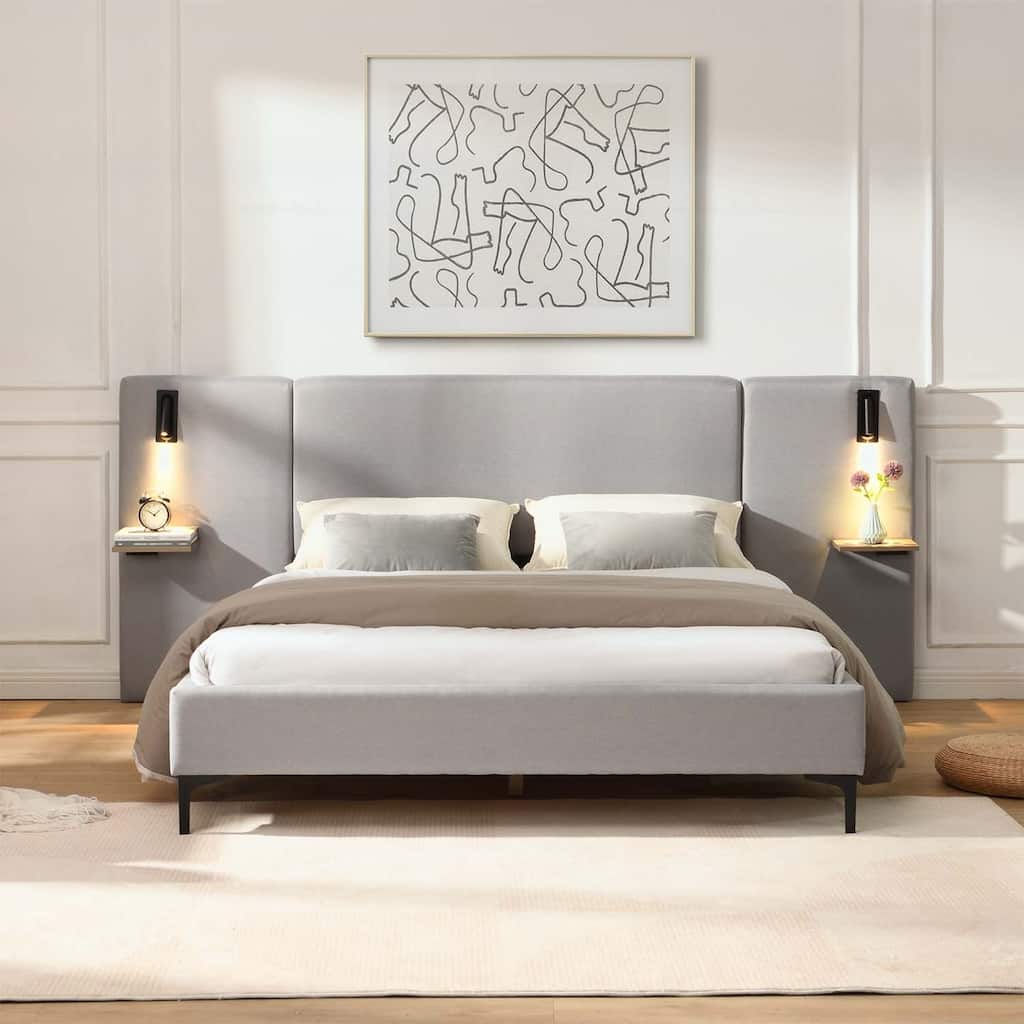 Stylish Design Linen Upholstered Bed with Integrated Lights and Shelves,for Modern and Rustic Interiors