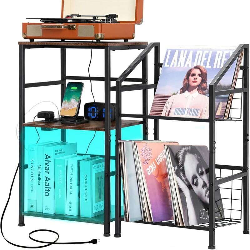 Record Player Stand With Vinyl Storage - 11.8"D x 15.3"W x 29.1"H - Rustic Brown