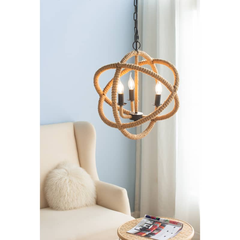 3- Light Farmhouse Chandelier, Rope Chandelier Globe Hanging Light Fixture with with Adjustable Chain, Bulb Not Included