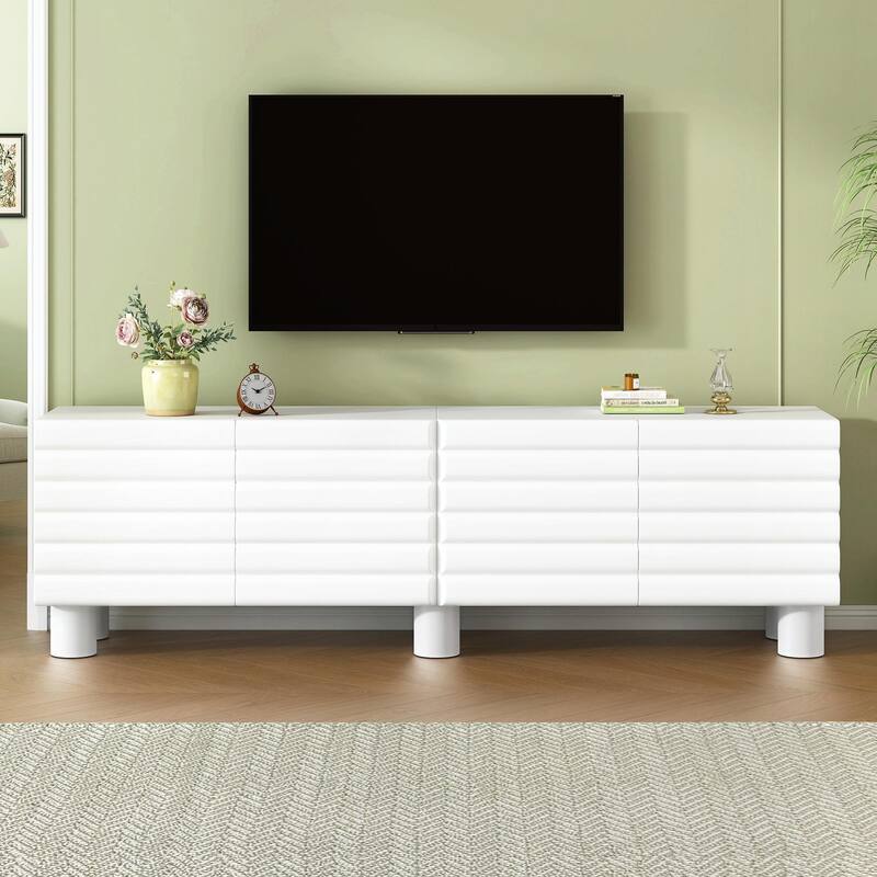 Stylish Thick Wavy Door TV Cabinet - Adjustable Shelves, TV Stand with 4 Cabinets for TVs Up to 75