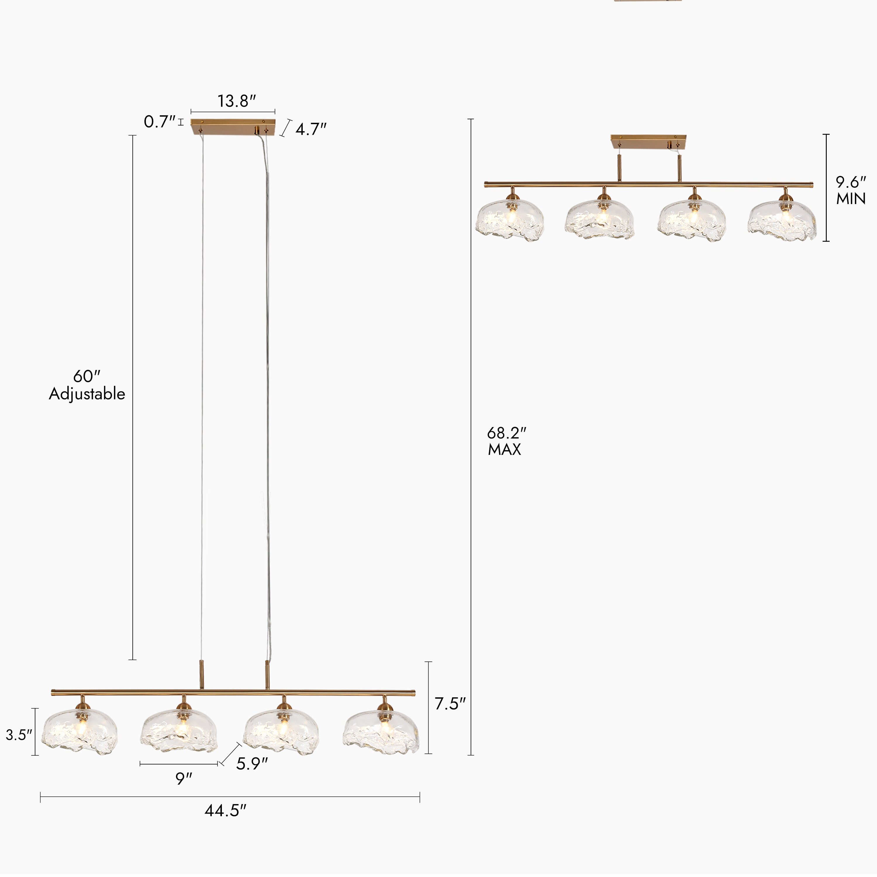 Modern 4-Light Gold Chandeliers 44 IN Linear Textured Glass Island