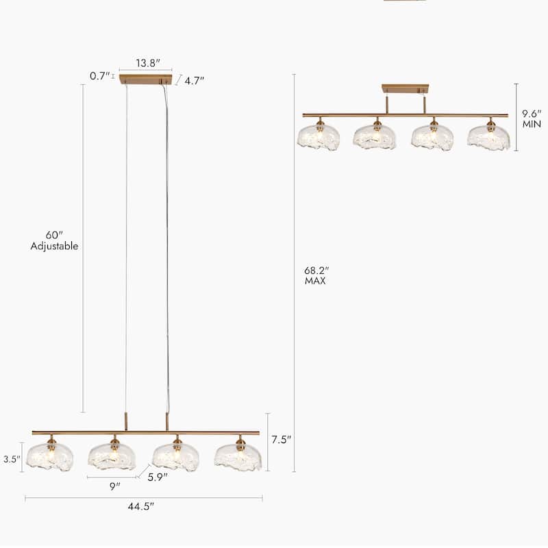 Modern 4-Light Gold Chandeliers 44 IN Linear Textured Glass Island Lights for Dining Room - W44.5" x H68.2" Max