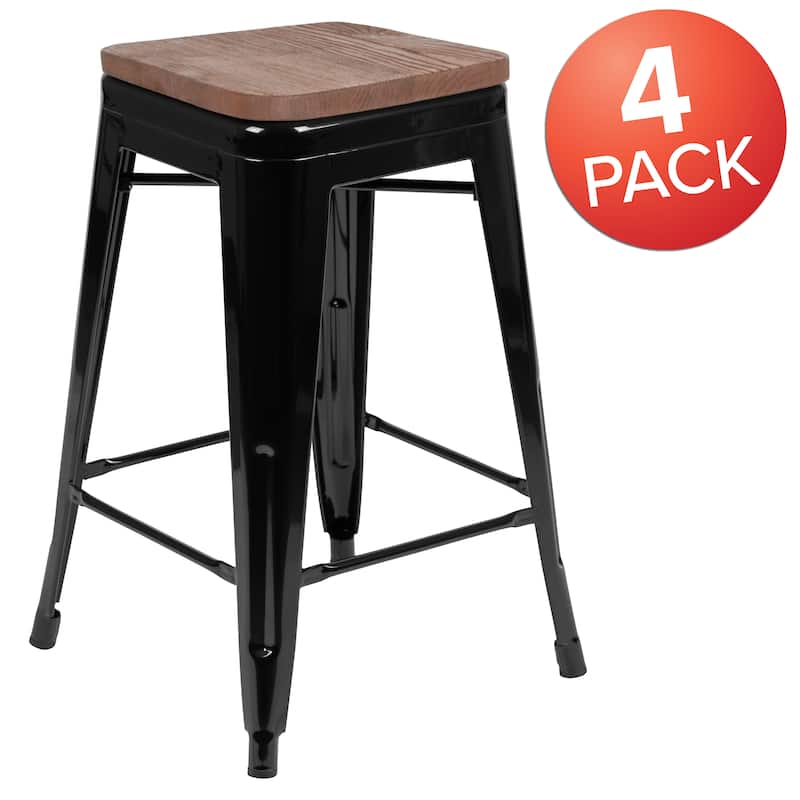 4 Pack 24" High Metal Indoor Counter Bar Stool with Wood Seat - Stackable Stool