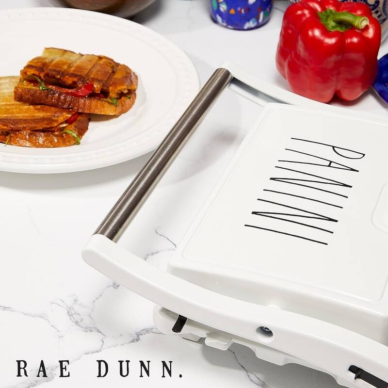 Rae Dunn Panini Maker 750 Watt 2-Slice Press Grill with Indicator Lights Opens 180 Degrees Double Sided Heating Non-stick