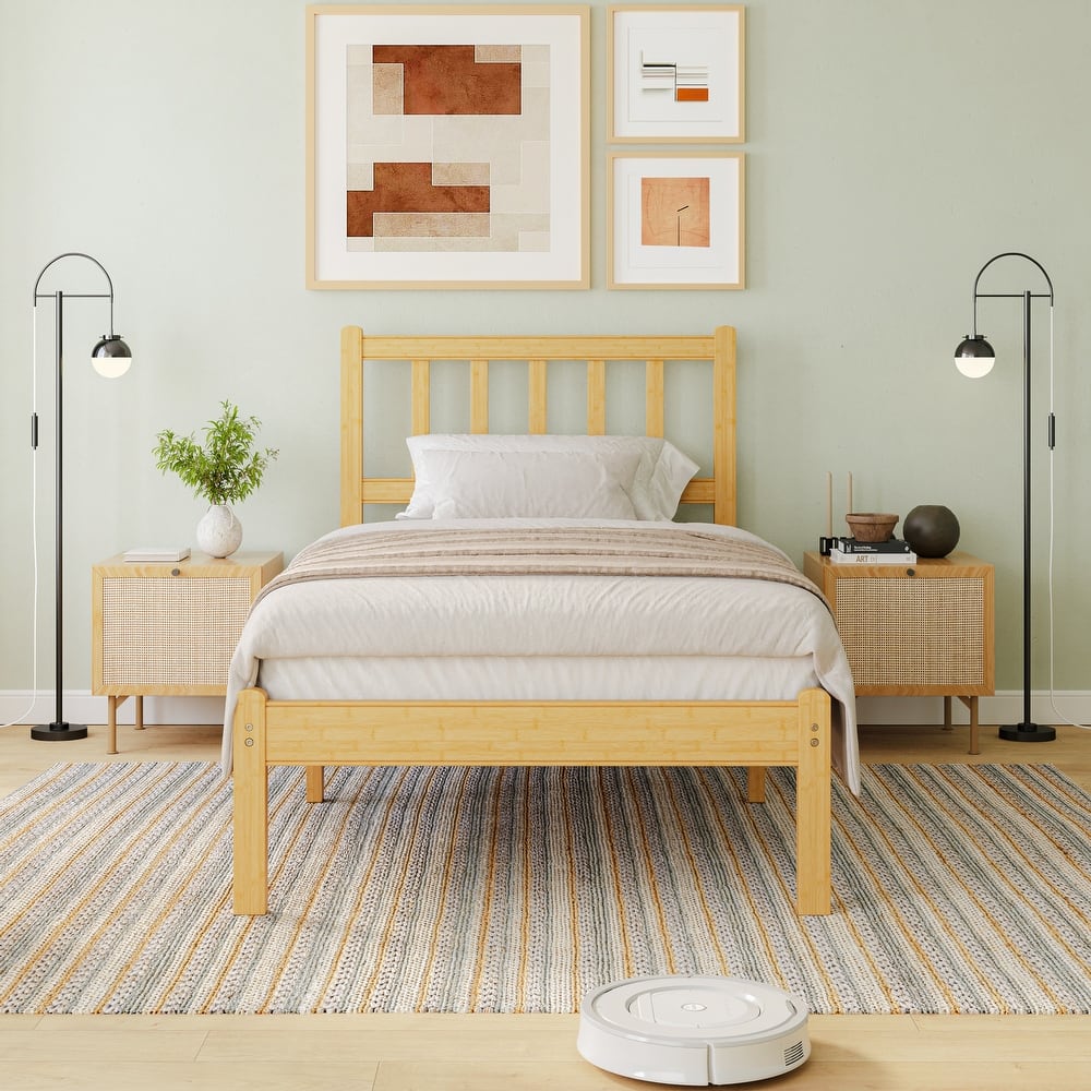 37 Inch Solid Bamboo Bed Frame with Headboard, Stylish & Sturdy Sleep Solution