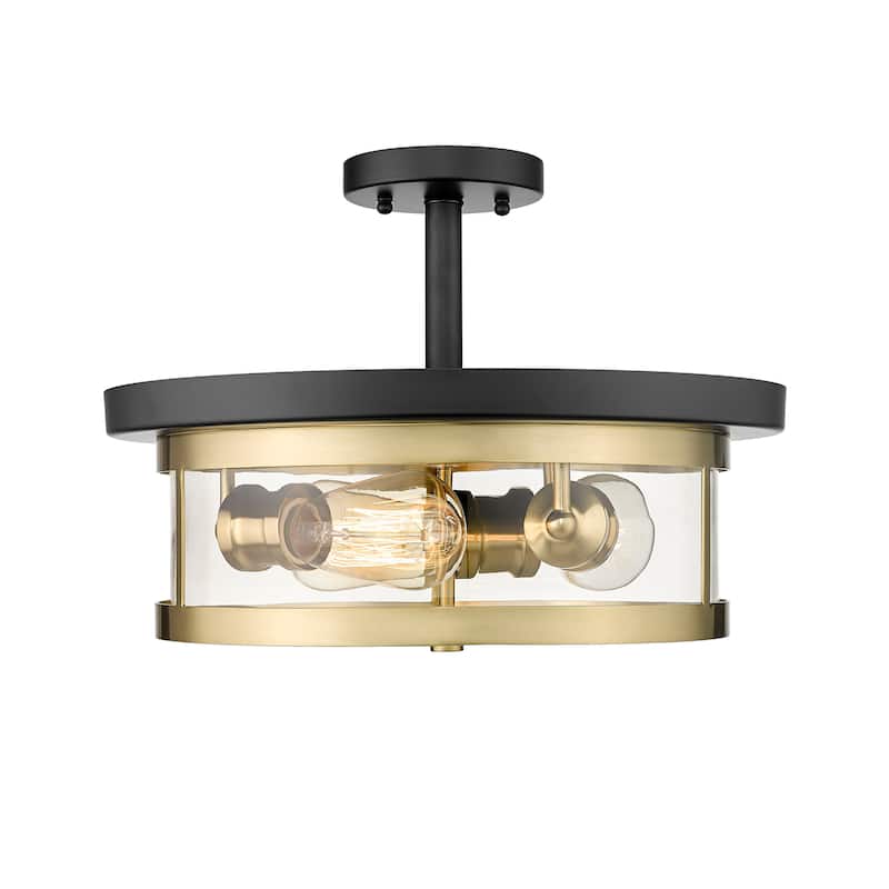 3 Light Black and Gold Round Semi Flush Mount With A Clear Glass Shade