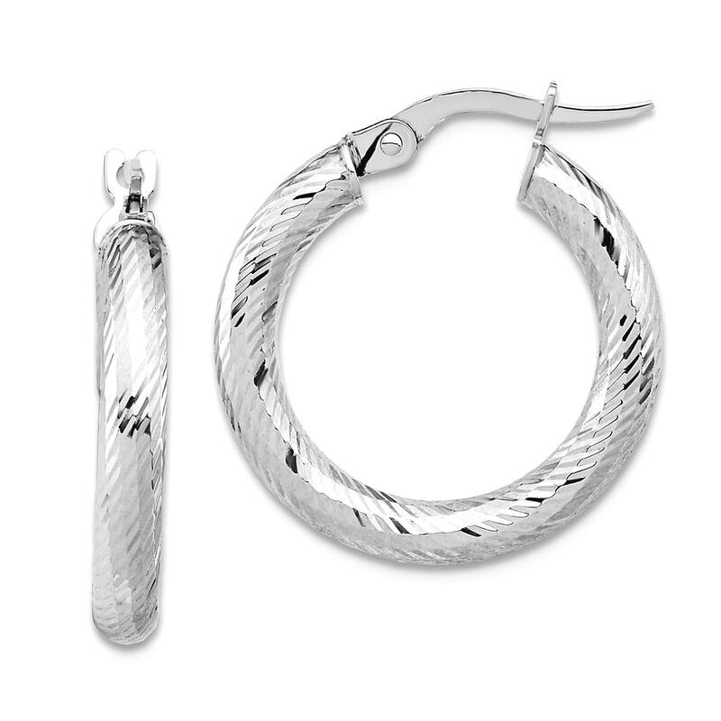 Curata 14k Yellow, Rose or White Gold Sparkle Cut Swirl 3x22mm Round Hoop Earrings - White Gold