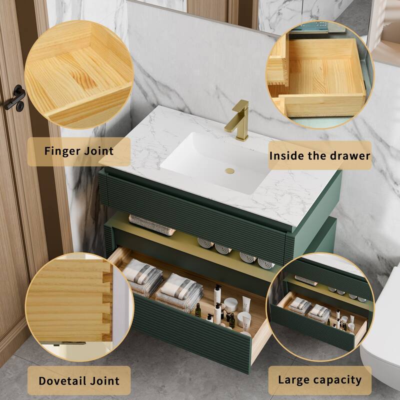 Modland 36" Modern Wall-Mounted Bathroom Vanity with Engineered Stone Countertop & Ceramic Undermount Sink