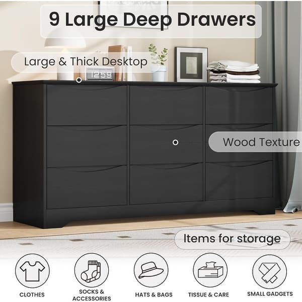 black dresser wood top Wooden 9-Drawer Dresser, Tall Modern Storage Chest with Wide for Bedroom, Living Room, Hallway, Kids Room, - On Sale - Bed Bath & Beyond making it suitable for various bedroom settings Furniture of America Wilter Black