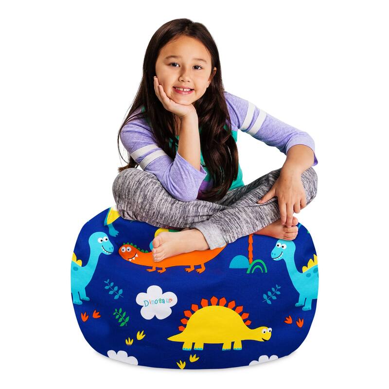 Kids' Stuffed Animal Storage Bean Bag Chair Cover or Toy Organizer - 27 Inches Medium - Canvas Dinos on Blue