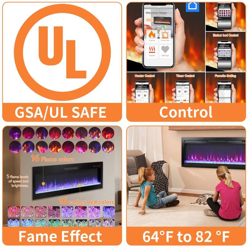 50/60 in. Smart WiFi-Enabled Wall Mount & Recessed Electric Fireplace Heaters in Black, 1400W/5000BTU