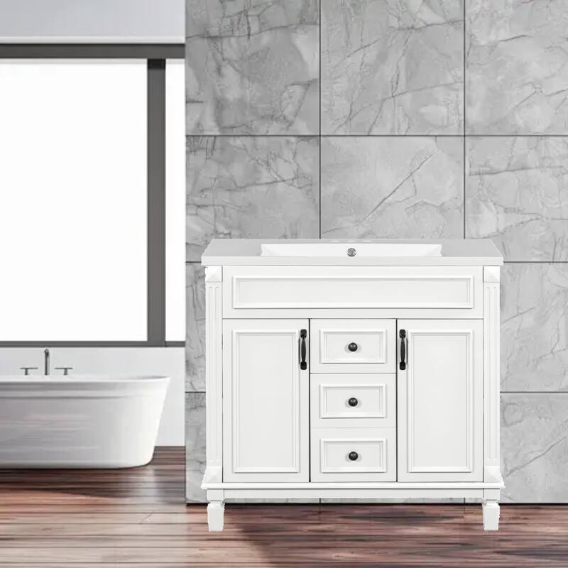 36" Modern Bathroom Vanity with Resin Sink, 2 Soft-Close Doors, 2 Drawers, & Cabinet Storage - White