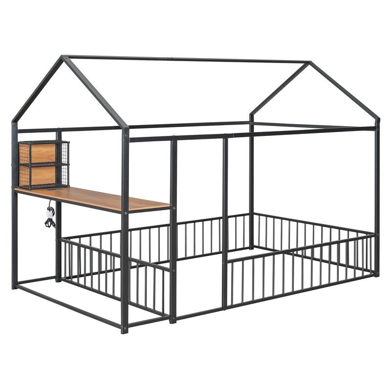 Full Size Metal Bed House Bed Frame with Desk, Shelves, Power Outlets and USB Ports, Black