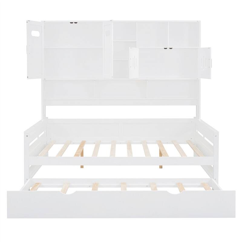 Wooden Daybed with Twin Size Trundle and All-in-One Cabinet, Twin/Full Size Daybed Frame Sofa Bed with Storage Shelves