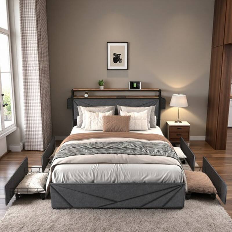 Queen LED Bed Frame with Storage Headboard, Charging Station, 4 Drawers, Noise-Free & No Box Spring Needed, Easy Assembly - Black+ Gray