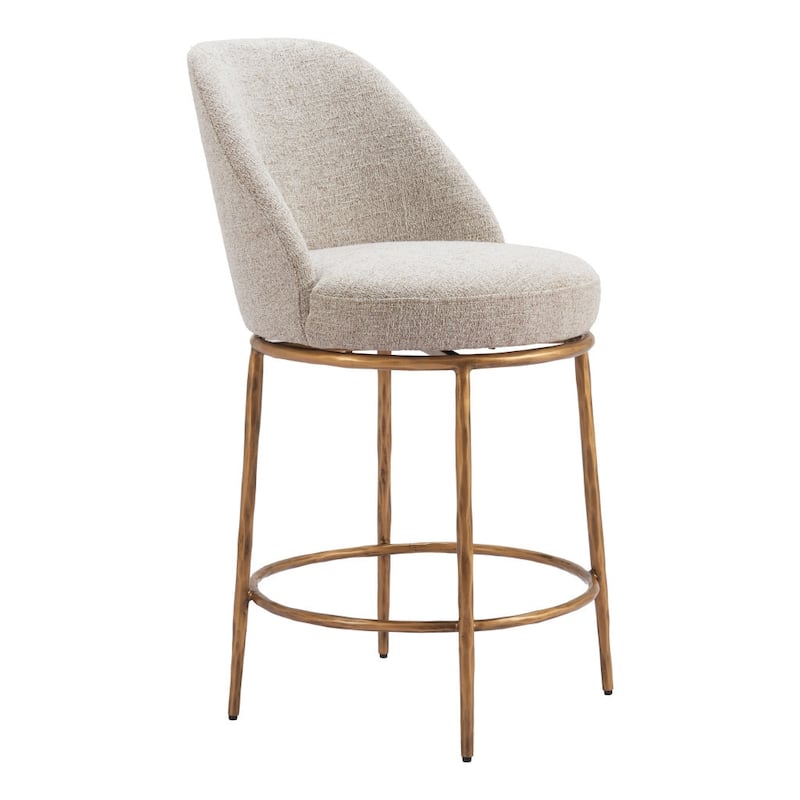 HomeRoots 24" Beige and Gold Fabric and Steel Counter Height Swivel Bar Chair