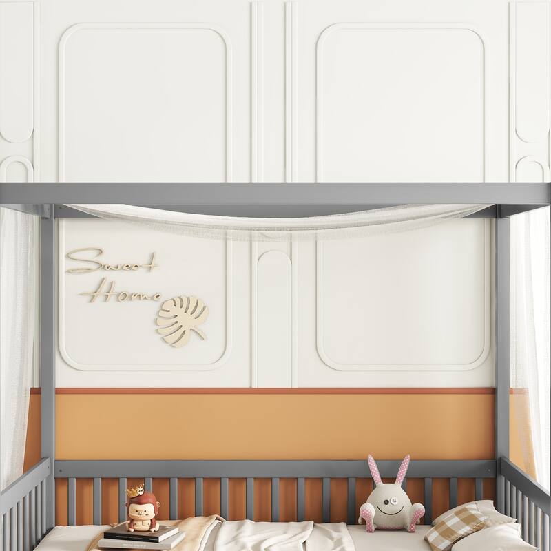 Pine Wood Canopy Frame Floor Bed with Fence and Guardrails for Bedroom