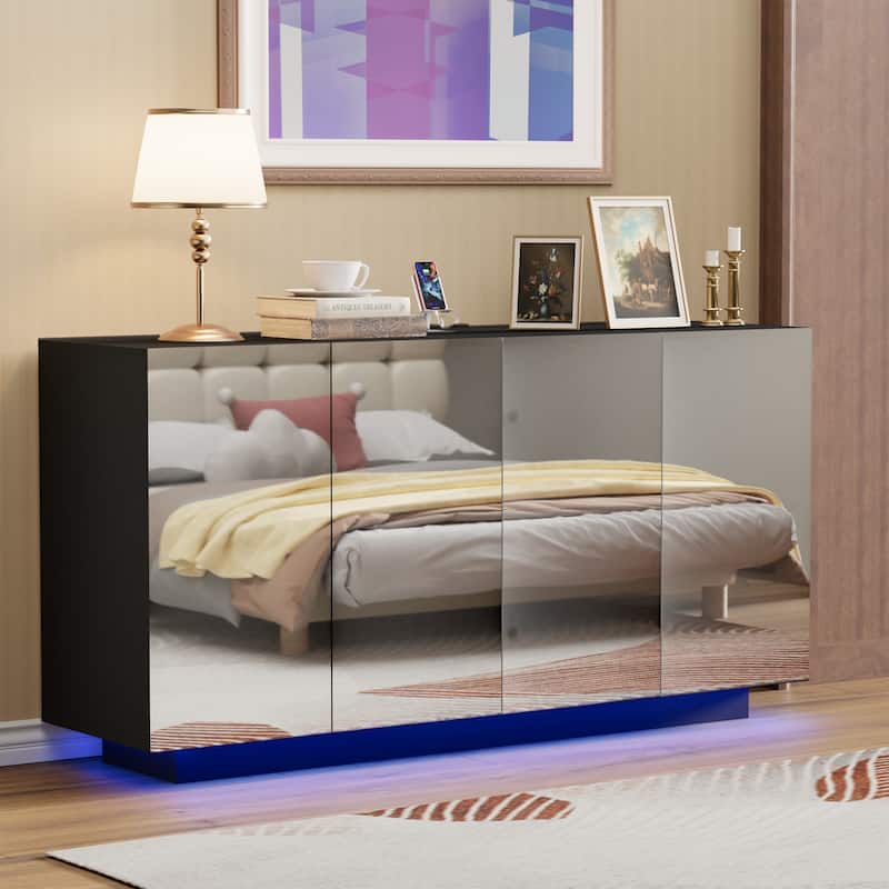 LED Illuminated Mirror 4 Doors Cabinet Modern Smart Storage Cabinet - Black