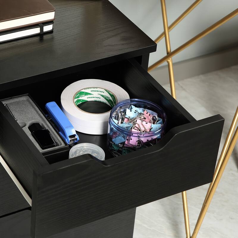 Modern 3-Drawer Office Storage Cabinet with Wheels, Black Wood Grain