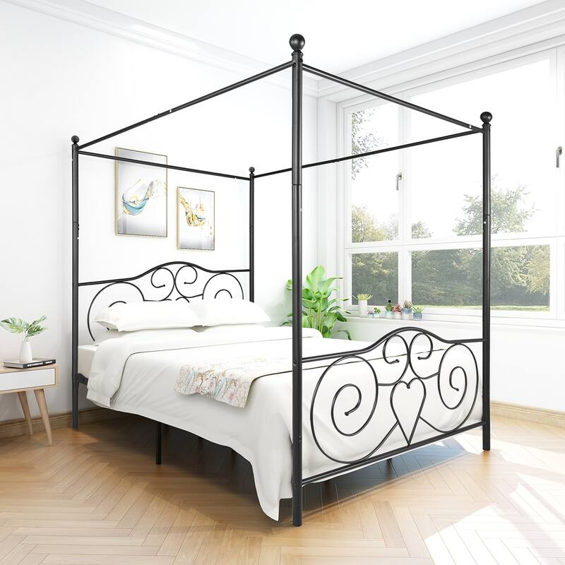 Black Metal Canopy Bed Frame with Vintage Headboard & Footboard, Sturdy
