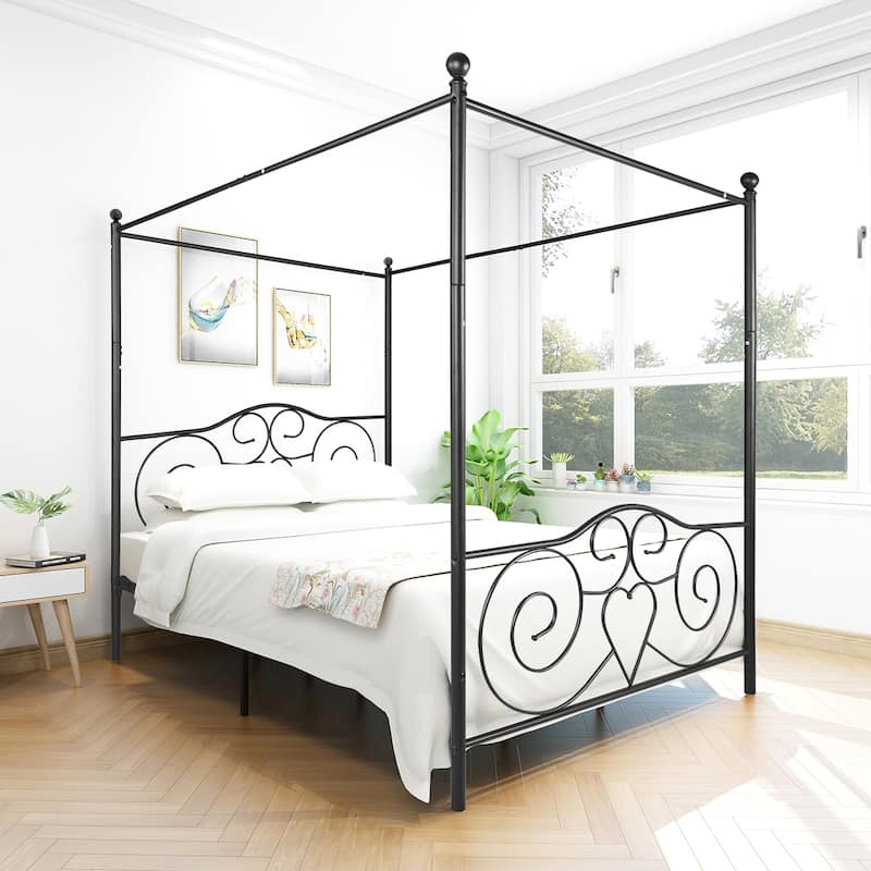 Metal Canopy Bed Frame with Headboard & Footboard, Queen Black
