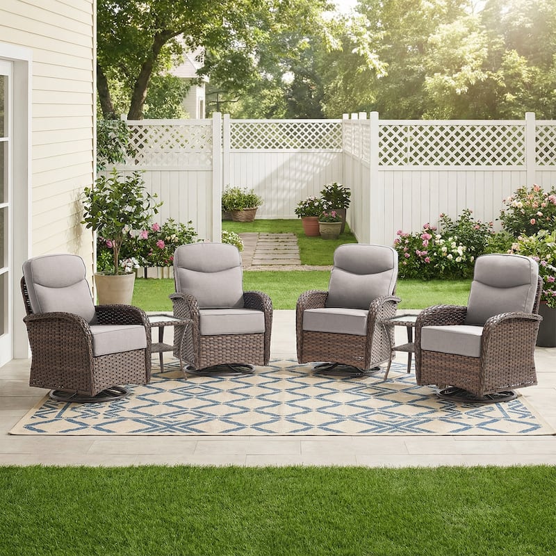 Pocassy Outdoor Sofa Swivel Chair and Ottman with Coffee Table - Brown Wicker Beige Cushion - 6-Piece Swivel Chair with Side Table