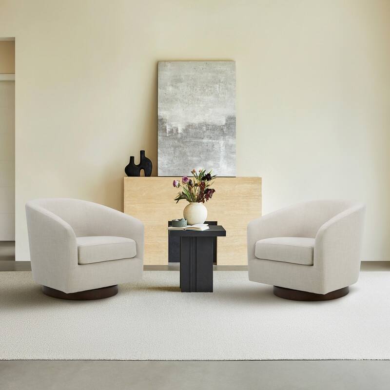 Spruce & Spring 360° Swivel Accent Chair with Solid Wood Base and Padded Seat - Set of 2 - Linen-Fabric