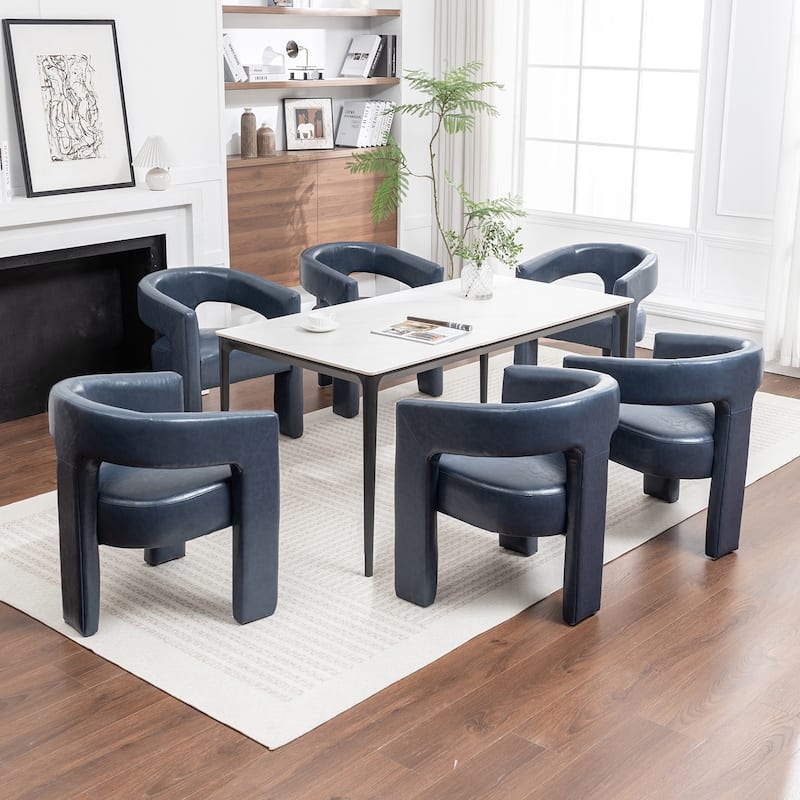 SEYNAR Modern Glam PU Leather Upholstered Dining Chair, Open-Back Accent Chair Set of 6 - Navy
