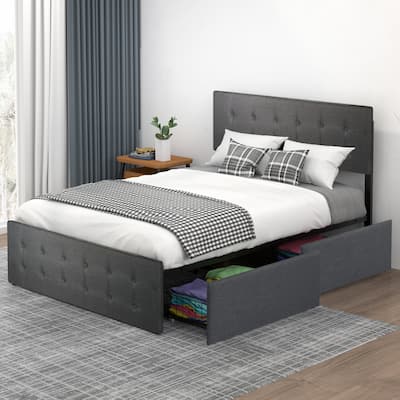 Bed Framewith 4 Storage Drawers and Adjustable Lined Headboard